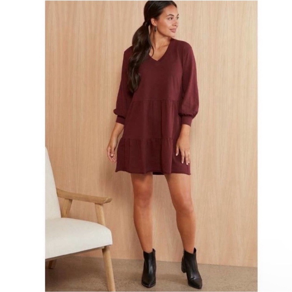 Nation LTD Brinley Tiered V Neck Cotton Dress in Burgundy Ox Blood Size Medium